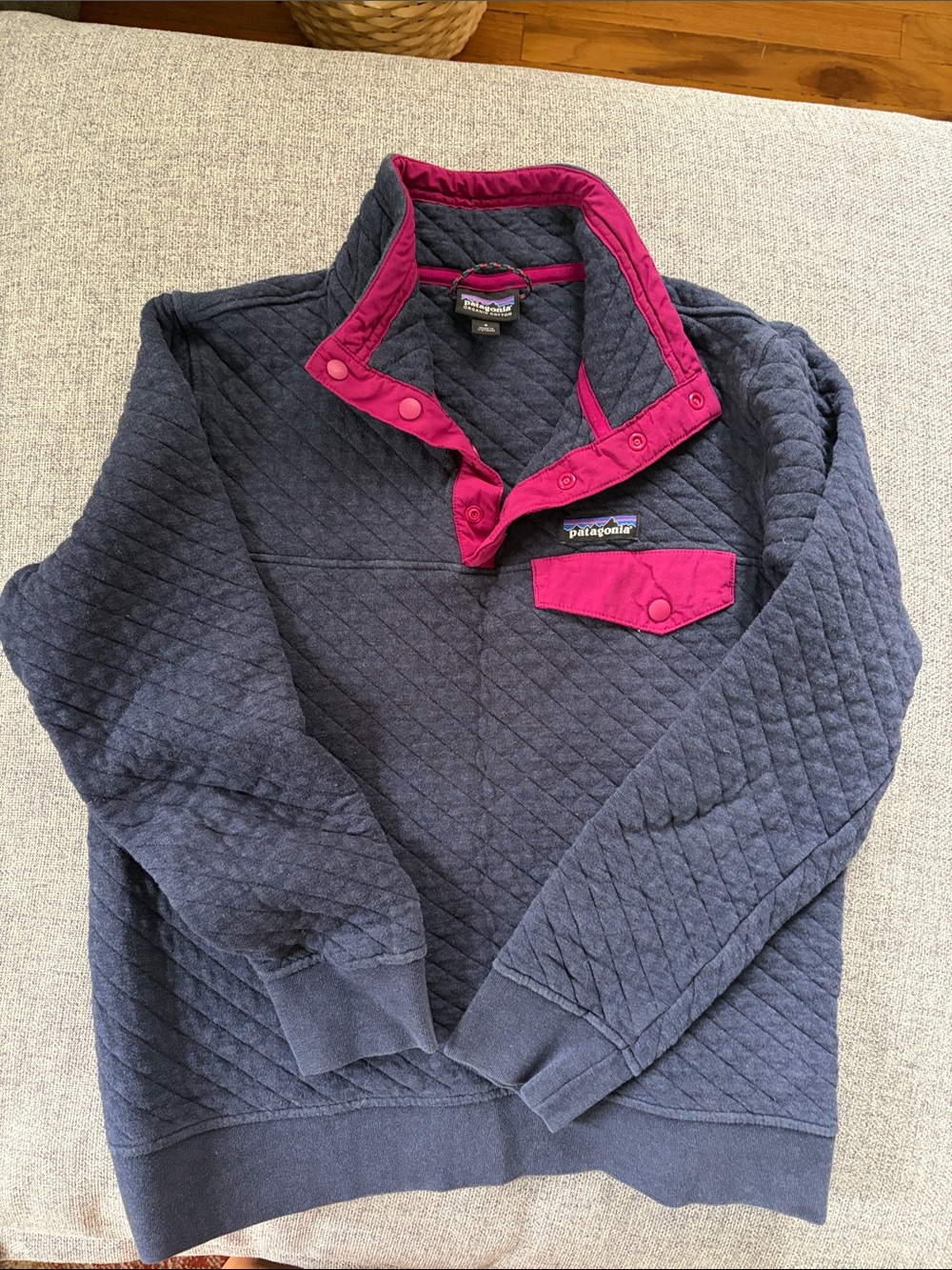 Patagonia Quilted Navy Pullover with Pink Trim
